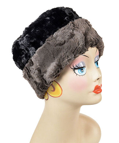 Product Shot of Reversible, Cuffed Pillbox in Cuddly Gray with Cuddly Black Faux Fur by Pandemonium Millinery. Handmade in Seattle, WA USA.