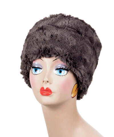 Model in Cuffed Pillbox Cuddy Faux Fur in Gray handmade in Seattle, WA by Pandemonium Millinery