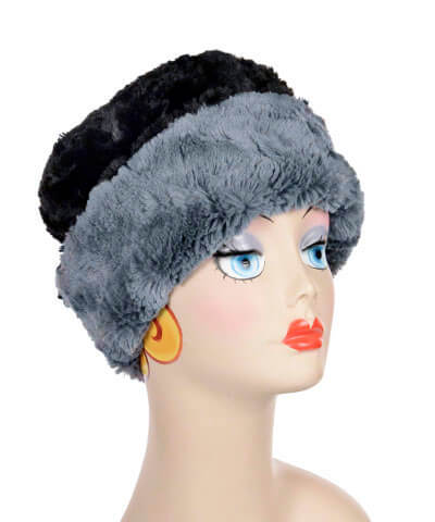 Reversible, Cuffed Pillbox in Cuddly Black with Cuddly Slate Faux Fur by Pandemonium Millinery. Handmade in Seattle, WA USA.