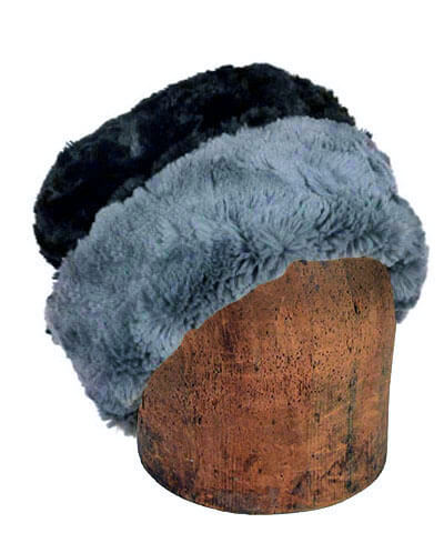 Men's Cuffed Pillbox Two-Tone Reversed | Cuddly Faux Fur in Slate with Black | handmade Seattle, WA USA by Pandemonium Millinery