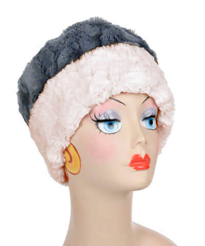 Reversible, Cuffed Pillbox in Cuddly Slate with Cuddly Ivory Faux Fur by Pandemonium Millinery. Handmade in Seattle, WA USA.