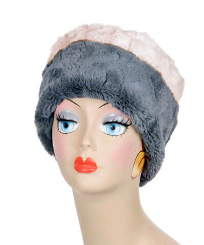 Reversible, Cuffed Pillbox in Cuddly Sand with Cuddly Slate Faux Fur by Pandemonium Millinery. Handmade in Seattle, WA USA.
