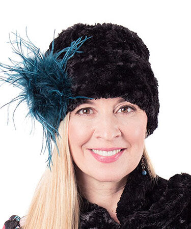 Model in Cuffed Pillbox Cuddy Faux Fur in Black handmade in Seattle, WA by Pandemonium Millinery