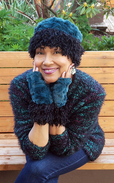 Reversible Fingerless Gloves Model Shot | Black Swan & Peacock with Cuddly Black Faux Fur | Pandemonium Millinery