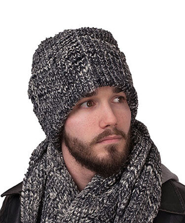 Men's Cuffed Pillbox Model Shot | Cozy Cable Faux Fur in Ash | handmade Seattle, WA USA by Pandemonium Millinery