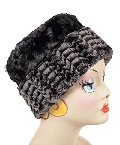 Reversible Cuffed Pillbox Two Tone Hat Luxury Faux Fur in 8mm in Black and White Lined with Cuddly Fur in Black by Pandemonium Millinery. Handmade in Seattle WA USA