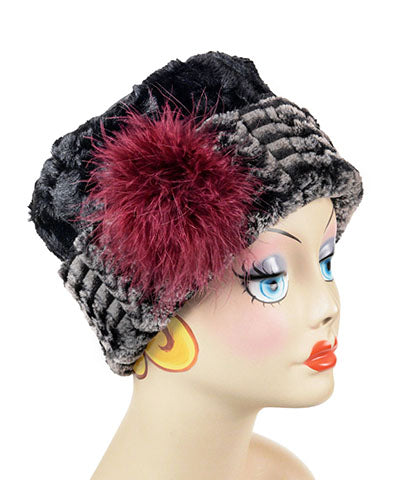 Cuffed Pillbox Hat Luxury Faux Fur in 8mm in Black and White with Marabou Trim by Pandemonium Millinery
