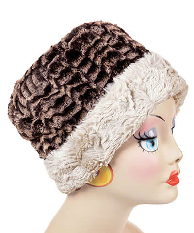 Cuffed Pillbox, Reversible two tone Hat Luxury Faux Fur in 8mm in Sepia Lined with Cuddly Fur in Sand by Pandemonium Millinery