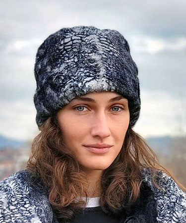  Women's Cuffed Pillbox on model| Black Mamba Faux Fur  | Handmade USA by Pandemonium Seattle