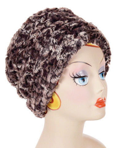   Women's Cuffed Pillbox on mannequin | Calico Brown and Cream Faux Fur  | Handmade USA by Pandemonium Seattle