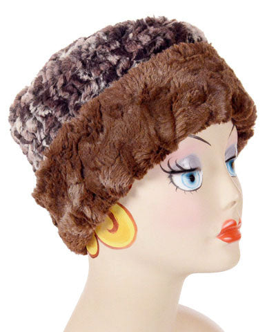 Women's Cuffed Pillbox on mannequin | Calico Brown and Cream Faux Fur with Cuddly Chocolate | Handmade USA by Pandemonium Seattle