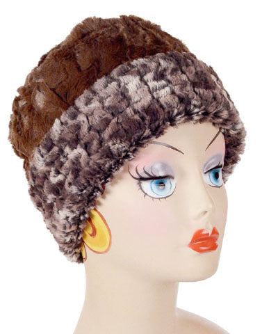 Women's Cuffed Pillbox on mannequin shown in reverse | Calico Brown and Cream Faux Fur with Cuddly Chocolate | Handmade USA by Pandemonium Seattle
