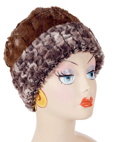 Women&#39;s Cuffed Pillbox on mannequin shown in reverse | Calico Brown and Cream Faux Fur with Cuddly Chocolate | Handmade USA by Pandemonium Seattle