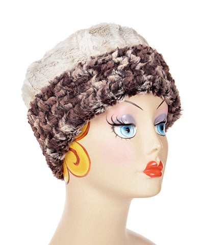 Women's Cuffed Pillbox on mannequin | Calico Brown and Cream Faux Fur with Cuddly Sand| Handmade USA by Pandemonium Seattle