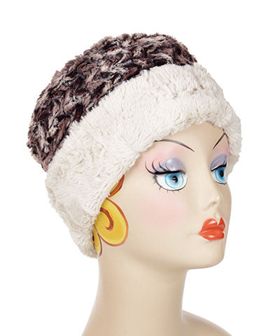  Women's Cuffed Pillbox on model | Calico Brown and Cream Faux Fur with Cuddly Sand | Handmade USA by Pandemonium Seattle