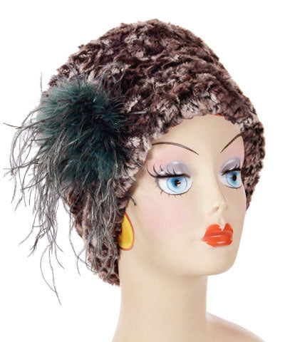   Women's Cuffed Pillbox on mannequin | Calico Brown and Cream Faux Fur with green ostrich trim brooch | Handmade USA by Pandemonium Seattle