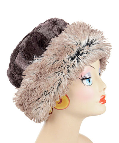 Women's Cuffed Pillbox on model | Espresso Bean Brown Faux Fur | Handmade USA by Pandemonium Seattle