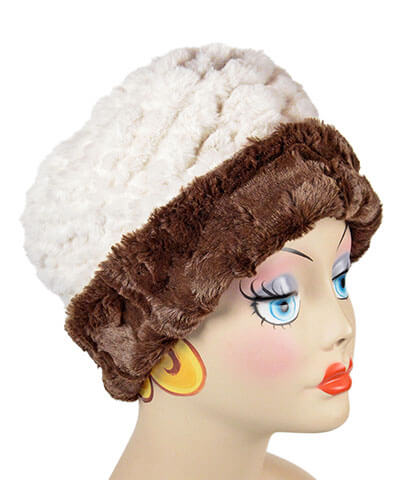   Women's  Cuffed Pillbox on mannequin   | Falkor Cream Faux Fur with blue feather trim | Handmade USA by Pandemonium Seattle