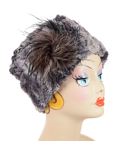 Cuffed Pillbox  with multi color feather trim | Muddy Waters Faux Fur | Handmade USA by Pandemonium Seattle