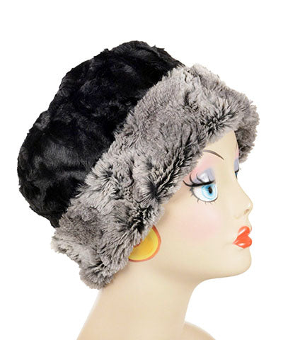 Cuffed Pillbox  on mannequin head || Seattle sky gray  with Back  Faux Fur | Handmade USA by Pandemonium Seattle
