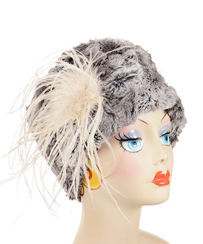 Cuffed Pillbox  with cream feather trim | Seattle sky gray  Faux Fur | Handmade USA by Pandemonium Seattle