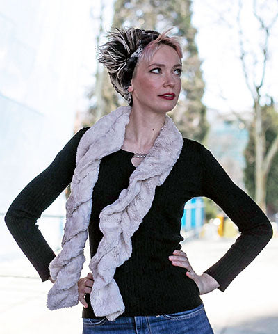Model wearing Scrunchy Scarf Cuddly Faux Fur in Sand by Pandemonium Millinery