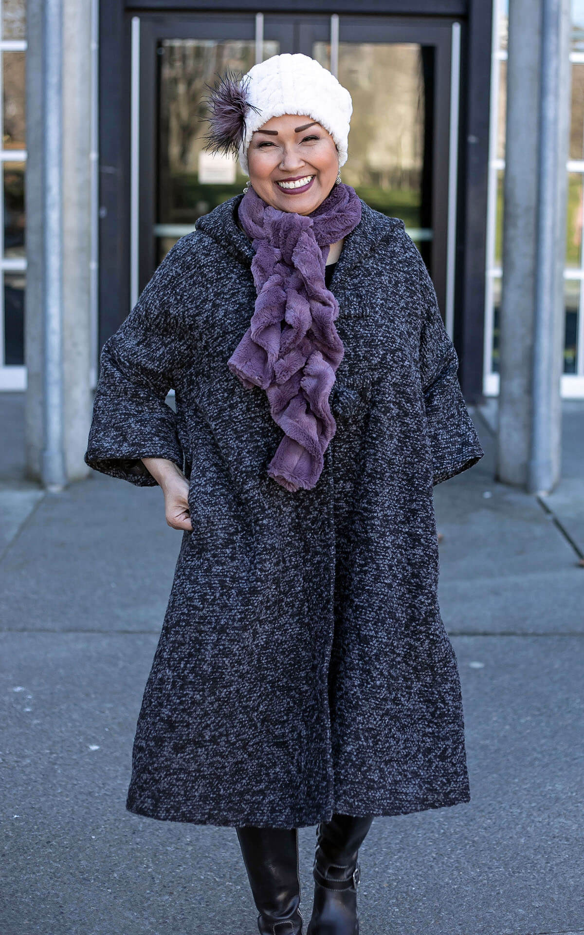 Model in Scrunchy Scarf Luxury Faux Fur in Minky Mauve by Pandemonium Millinery