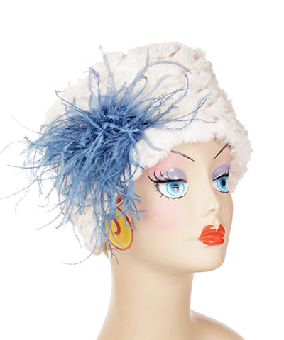   Women's  Cuffed Pillbox on mannequin   | Falkor Cream Faux Fur with blue feather trim | Handmade USA by Pandemonium Seattle