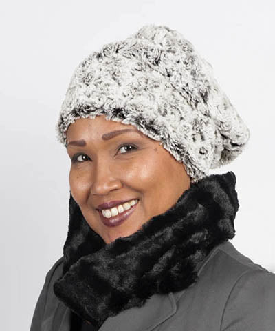   Women's reversible Cuffed Pillbox on model shown in reverse | Rosebud Black Faux Fur with Cuddly Fur in Black and matching Pull Thru scarf | Handmade USA by Pandemonium Seattle