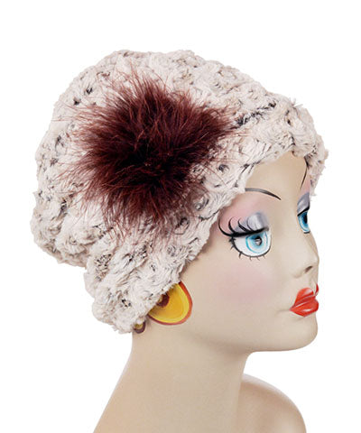   Women's Cuffed Pillbox on mannequin shown in reverse | Rosebud Brown Faux Fur with Ostrich feather Trim | Handmade USA by Pandemonium Seattle