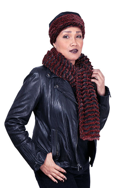 Model in black  leather coat wearing a Cuffed pillbox hat and matching Classic Scarf | Desert Sand in Crimson Faux Fur | Handmade in Seattle WA Pandemonium Millinery