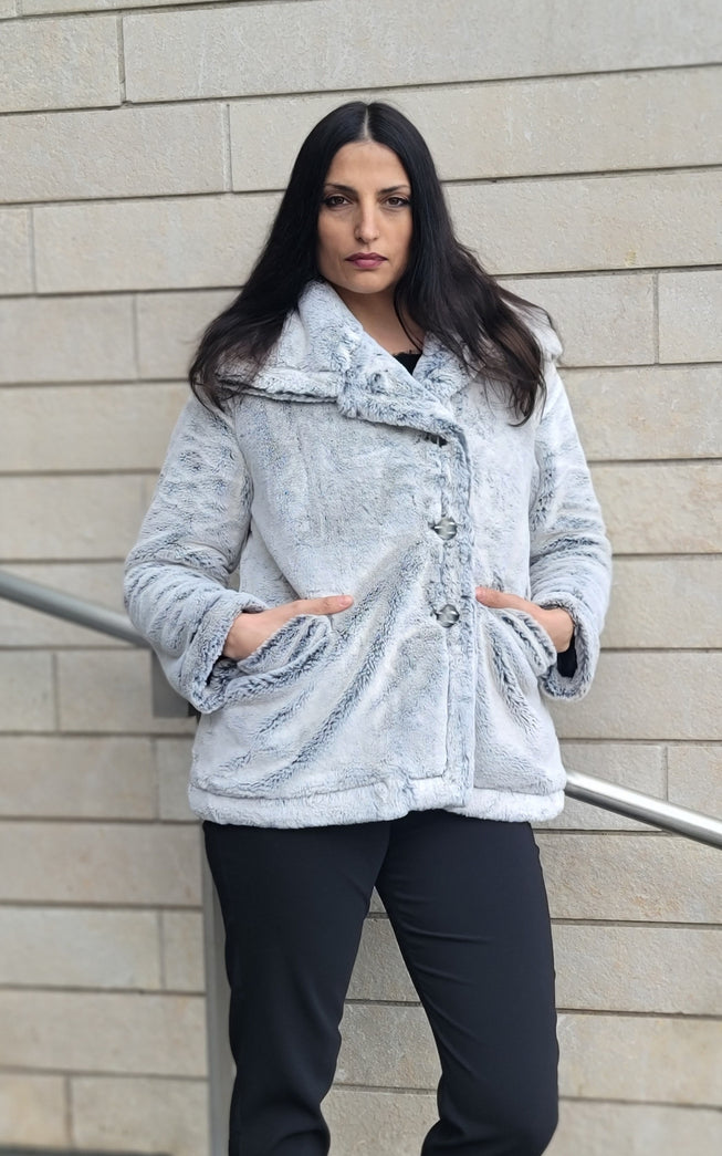 Model wearing Dietrich Coat | Frosted Juniper Faux Fur | Handmade USA by Pandemonium Seattle