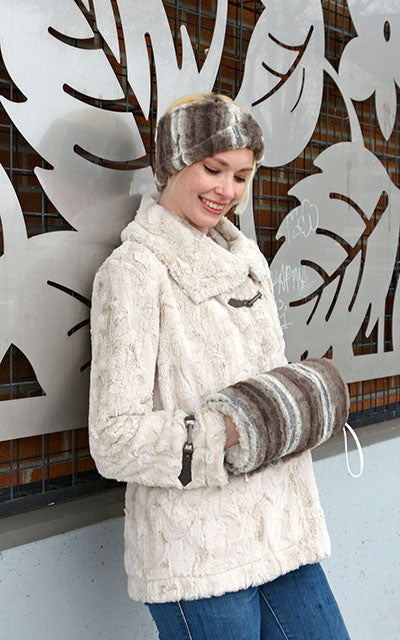 Model is wearing Headband in Luxury Faux Fur in Willows Grove with Cuddly Sand Coat handmade Seattle WA