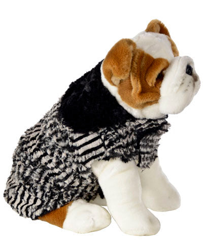 Stuffed Dog wearing Designer Handmade reversible Dog Coat Side View | Tipsy Zebra black and white Faux Fur reversing to Black | Handmade by Pandemonium Millinery Seattle, WA USA