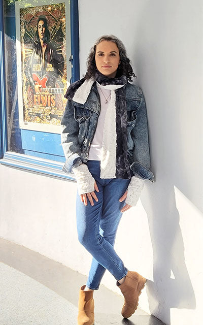 Closer view of model wearing Dual Tone Scarf in Highland Skye and Winters Frost