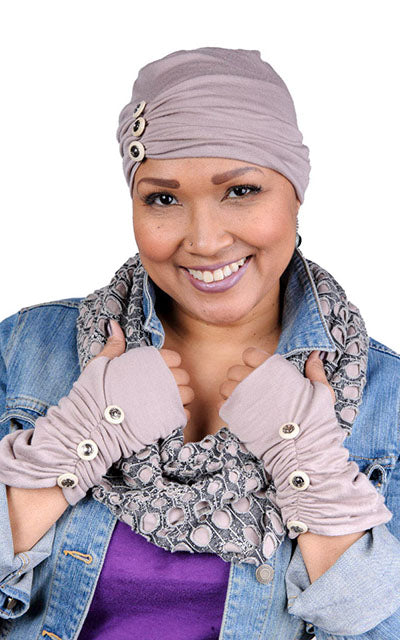 Model in ruched fingerless gloves with buttons in stardust jersey Knit and matching Edith Hat by Pandemonium Millinery                                  ng edith Hat