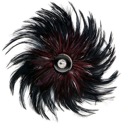 Women&#39;s Feather Medallion in Black Burgundy with Silver/Black Glass Button | Handmade in Seattle WA | Pandemonium Millinery