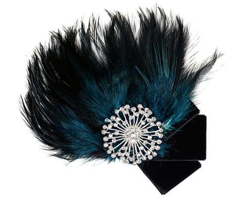 Women&#39;s Black Teal Feather Brooch with Rhinestone Brooch | Handmade in Seattle WA | Pandemonium Millinery