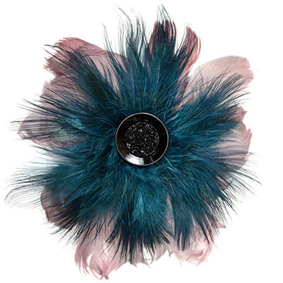 Women&#39;s Feather Medallion in Mauve &amp; Teal with Sparkly Black Button | Handmade in Seattle WA | Pandemonium Millinery