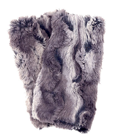 Fingerless Texting Gloves, reversible | Muddy Water Faux Fur reversing to Black | Handmade by Pandemonium Millinery Seattle, WA USA