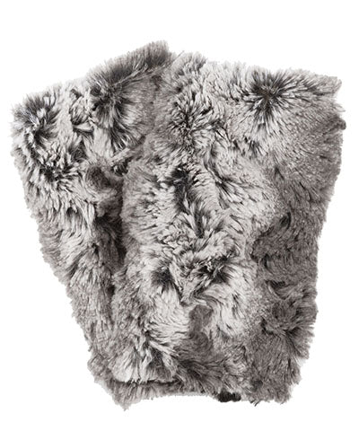 Fingerless Texting Gloves, reversible | Seattle Sky Faux Fur reversing to Black | Handmade by Pandemonium Millinery Seattle, WA USA