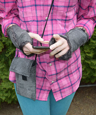 Reversible Fingerless Gloves | Vegan Leather Outback in Brown Assorted Faux Fur | Pandemonium Millinery