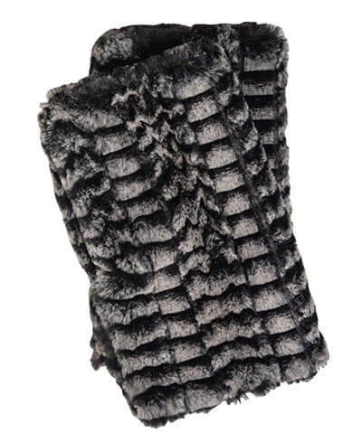 Men's Handmade Fingerless Texting Gloves in 8MM in Black and White Faux Fur with Cuddly Black Faux Fur - Reversible