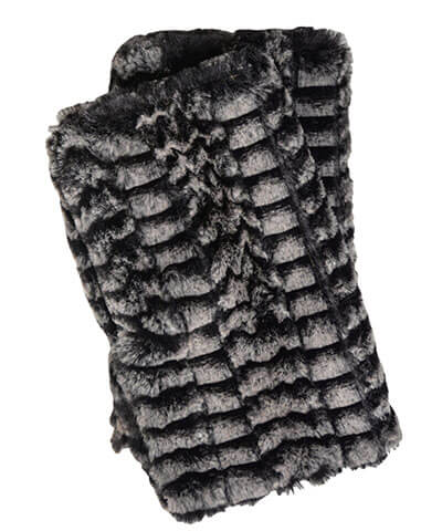 Men&#39;s Handmade Fingerless Texting Gloves in 8MM in Black and White Faux Fur with Cuddly Black Faux Fur - Reversible