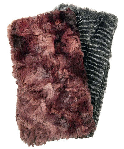 Men’s Fingerless Texting Gloves, reversible | nightshade gray and ivory with Thistle, pink faux fur lining | Handmade by Pandemonium Millinery Seattle, WA USA