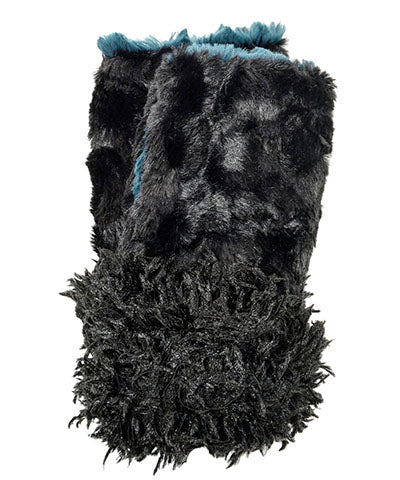 Reversible Fingerless Gloves | Black Swan & Peacock with Cuddly Black Faux Fur | Pandemonium Millinery
