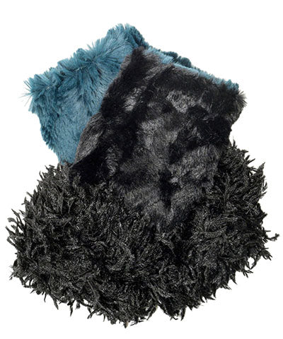 Reversible Fingerless Gloves | Black Swan & Peacock with Black Faux Fur | Pandemonium Millinery