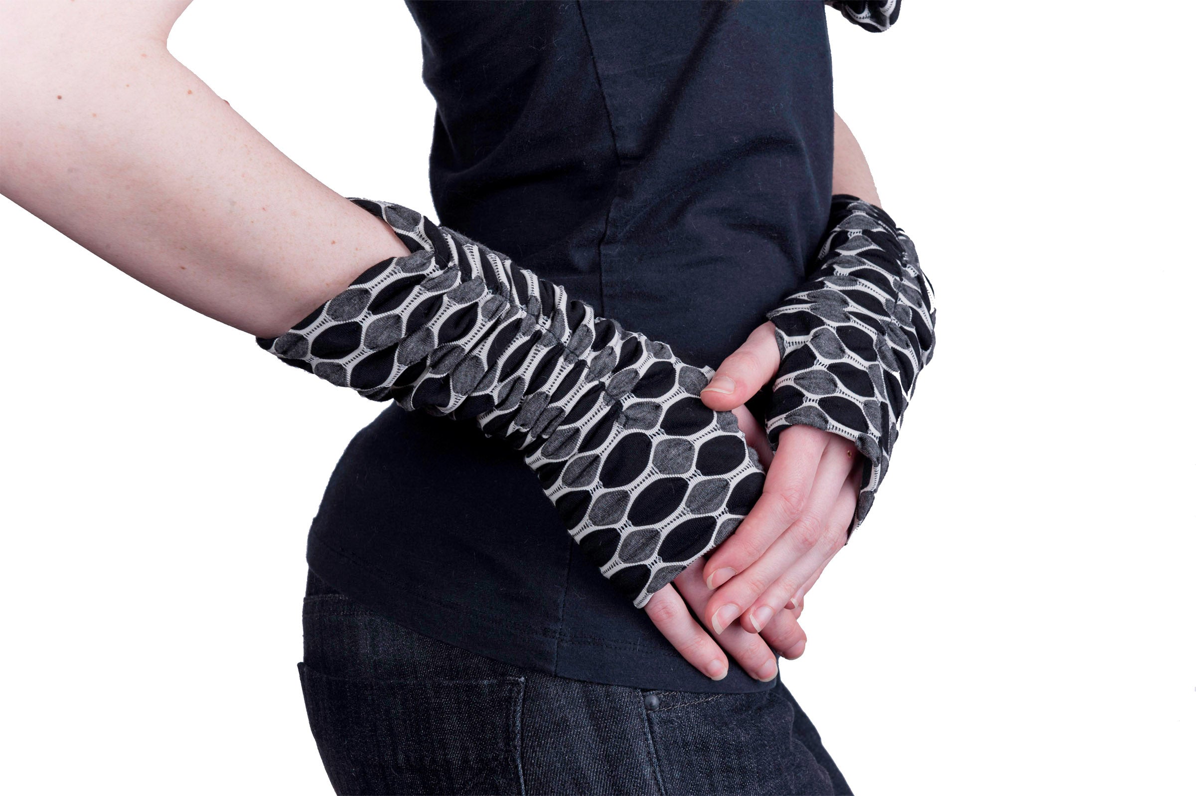 Scrunched Long Fingerless Texting Gloves, reversible | Solar Eclipse, Black, Ivory and Gray | Handmade by Pandemonium Millinery Seattle, WA USA