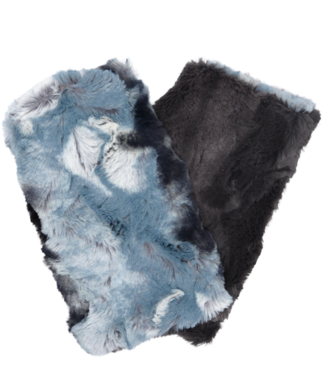 Men’s Product shot of Fingerless Gloves | Rainier Sky with Espresso Bean Faux Fur | Handmade by Pandemonium Millinery Seattle, WA USA