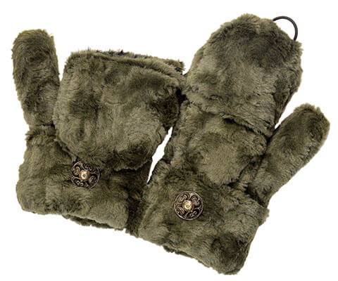 Women’s Product shot of Mittens. Gauntlets, Mitts | Army Green faux fur | Handmade by Pandemonium Millinery Seattle, WA USA